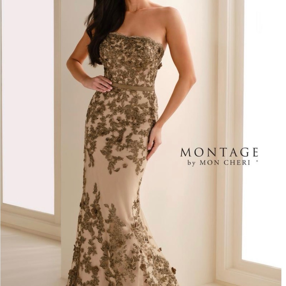 Montage by Mon Cheri Strapless Lace Dress in Bronze/Nude